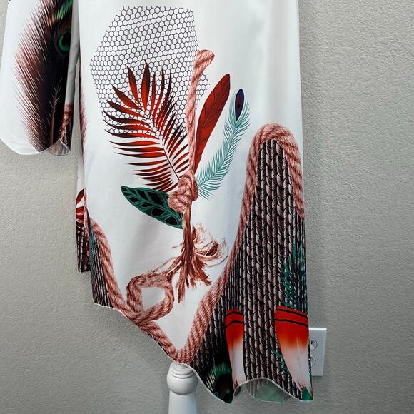 White Green Multi Peacock Asymmetric One Shoulder High Neck Mini Shift Dress M/L - Picture 9 of 12